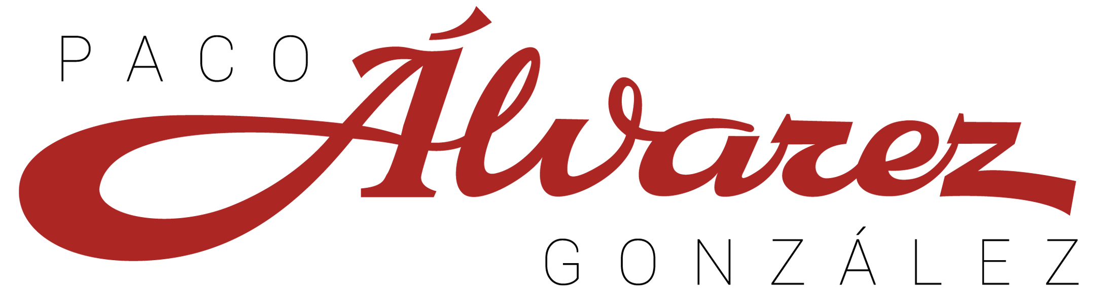 Logo de Paco Álvarez González con un diseño tipográfico elegante. 'Álvarez' está escrito en una fuente manuscrita roja con trazos gruesos y curvados, destacando visualmente. 'Paco' y 'González' están en mayúsculas y en una tipografía más delgada y moderna de color negro